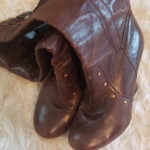 Knee High Boots Leather Shearling Victorian Brown Studded 8
